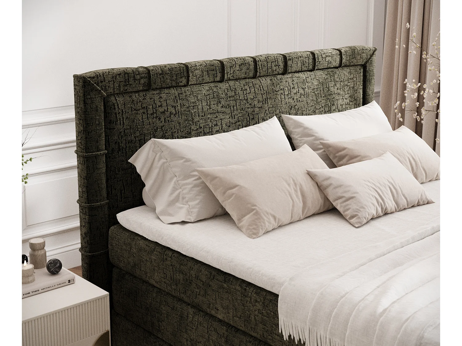 Boxspringbett aus Chenille-Stoff Rosabel - Matratze - Toppermatratze - 160x200 cm - olivenfarbe