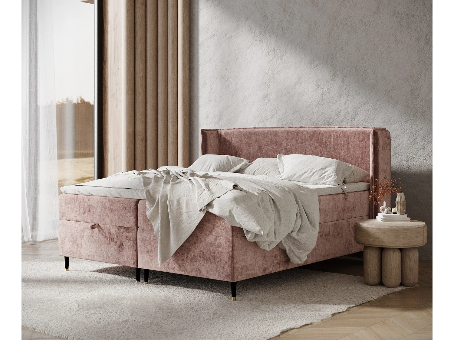 Boxspringbett aus Chenille-Stoff Monpelli - Matratze - Toppermatratze - 180x200 cm - rosa