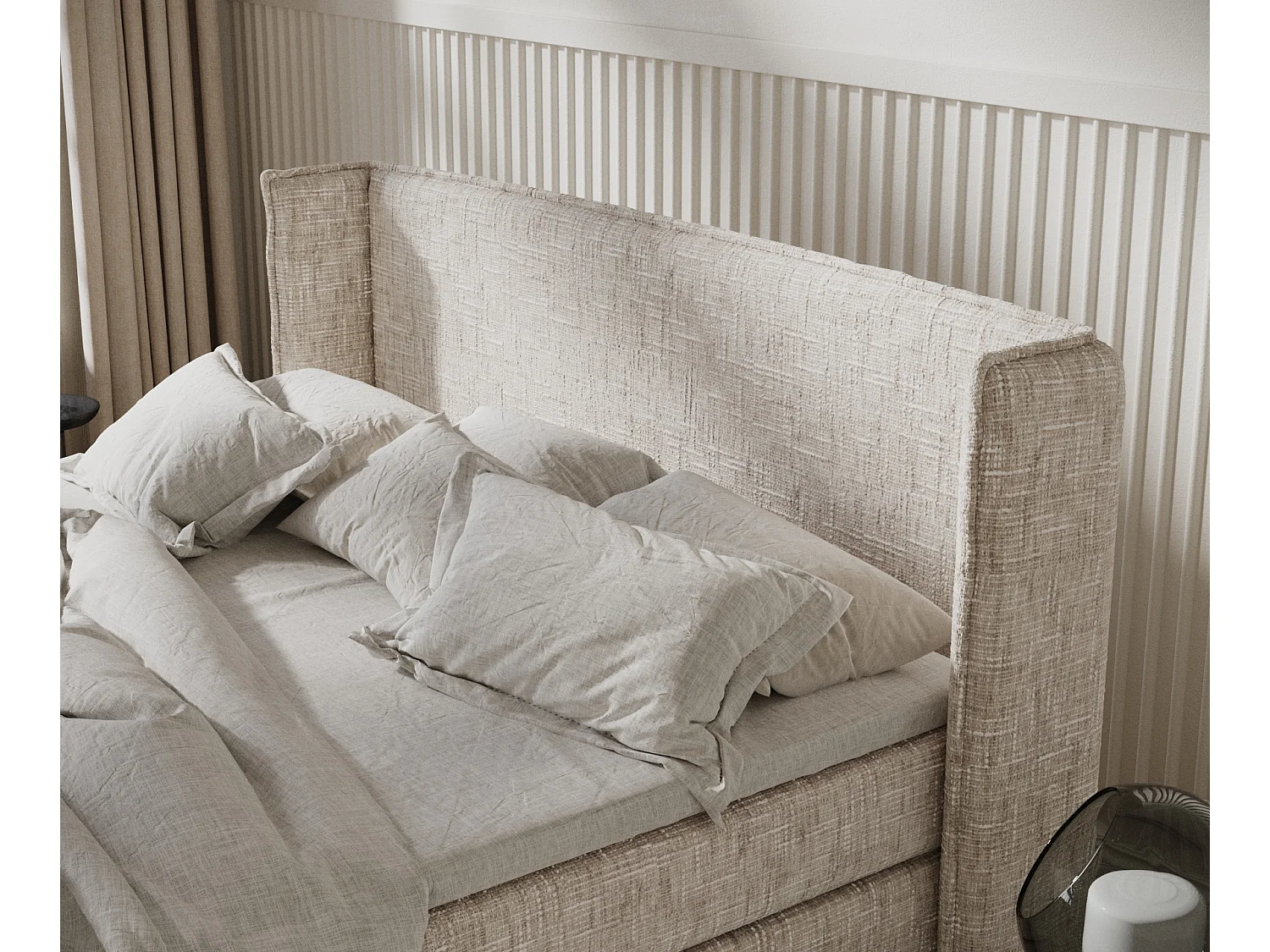 Łóżko boxspring w tkaninie plecionej Carizzo - materac - topper - 140x200 cm - kremowy