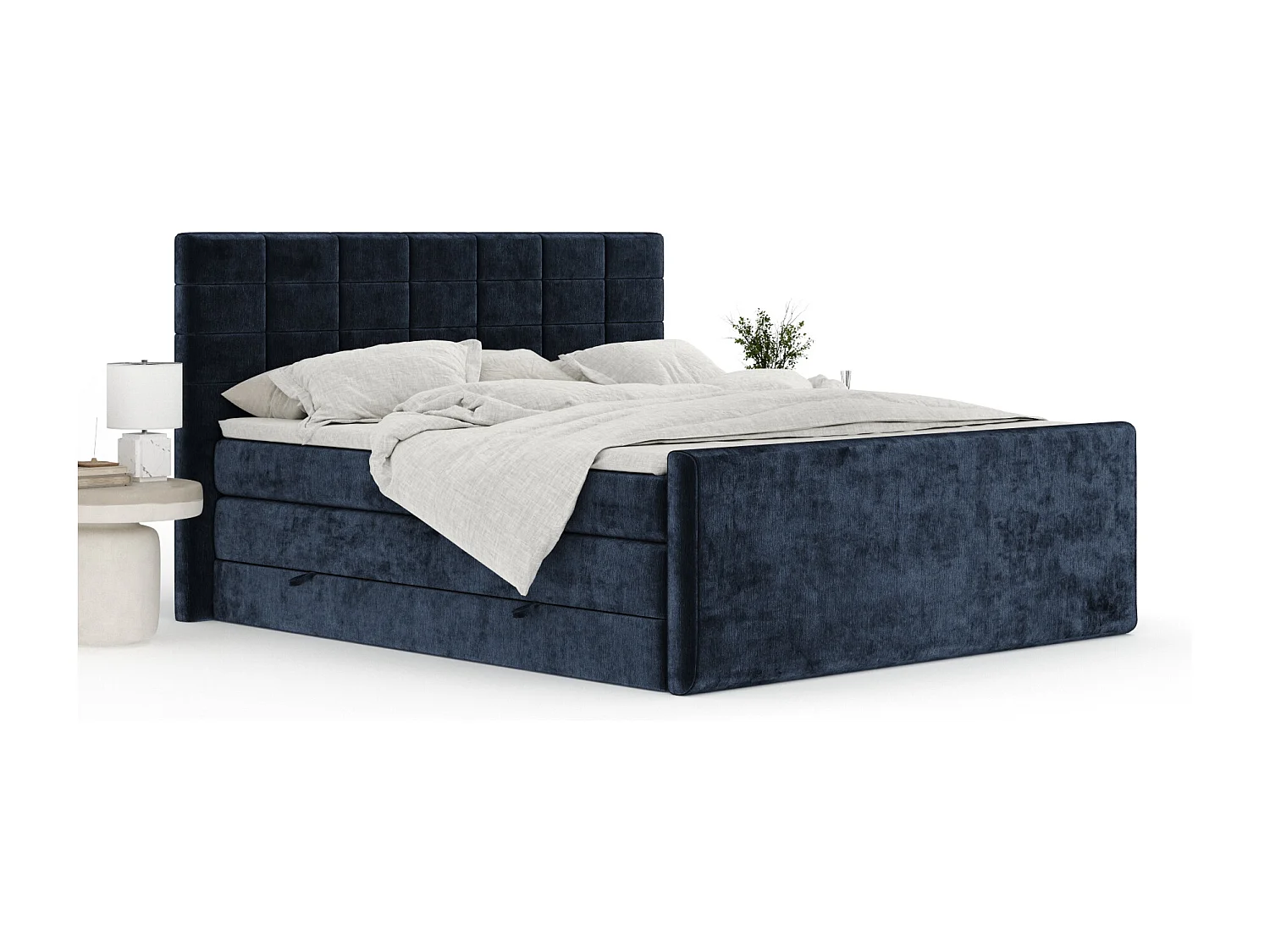 Lit boxspring en tissu chenille Ava - matelas - surmatelas - 160x200 cm - bleu marine