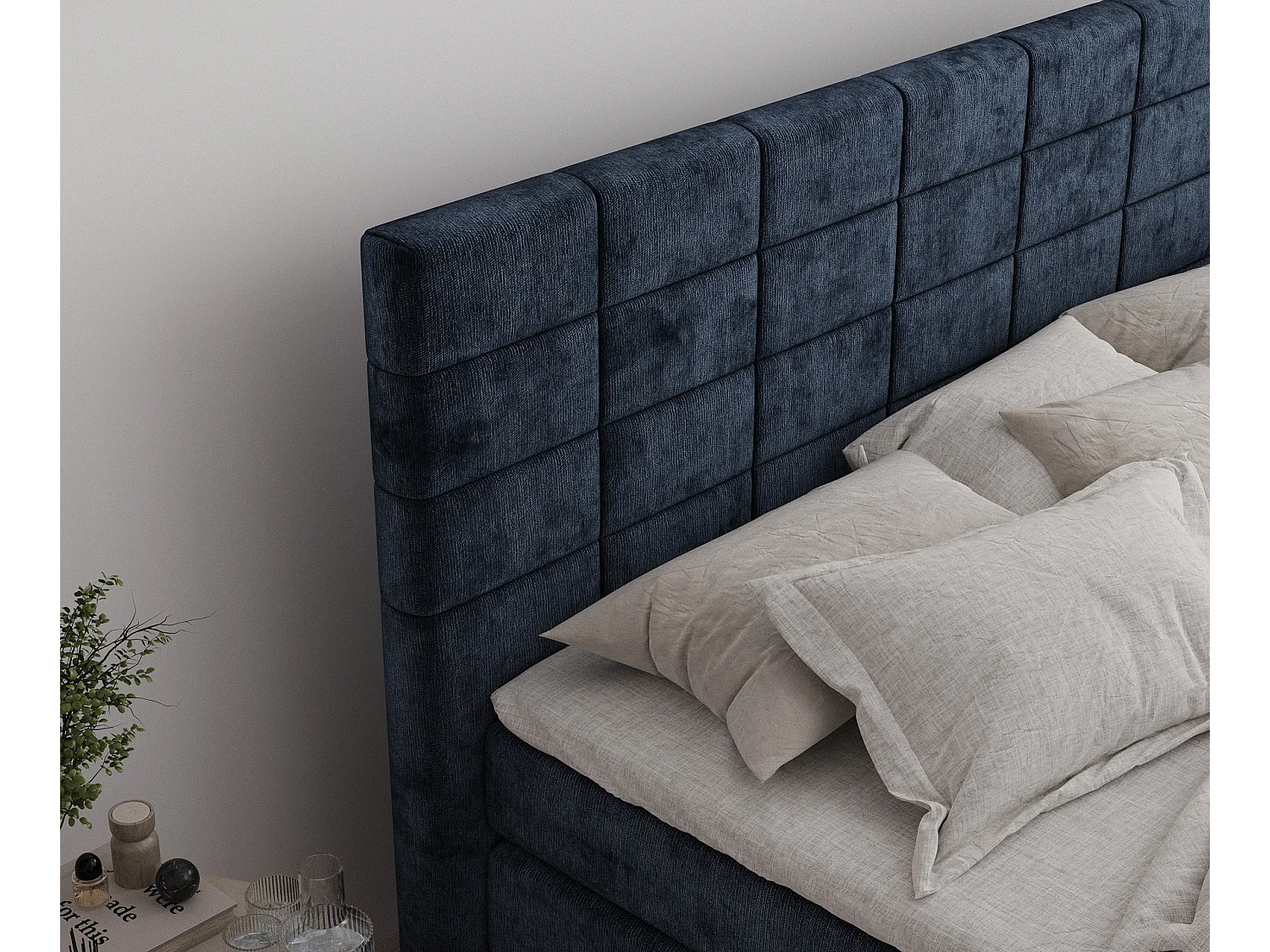 Boxspringbett aus Chenille-Stoff Ava - Matratze - Toppermatratze - 160x200 cm - marineblau