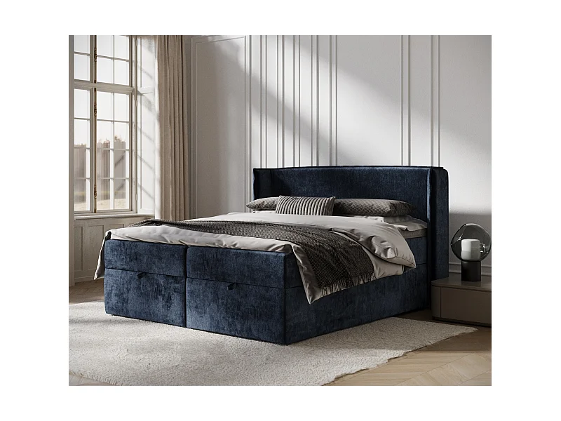 Boxspringbett aus Chenille-Stoff Passion - Matratze - Toppermatratze - 140x200 cm - marineblau