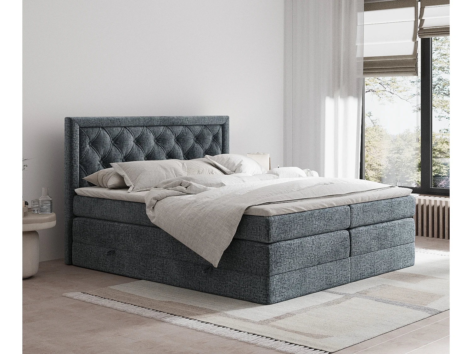 Boxspringbett aus Chenille-Stoff Aurelia - Matratze - Toppermatratze - 200x200 cm - grau