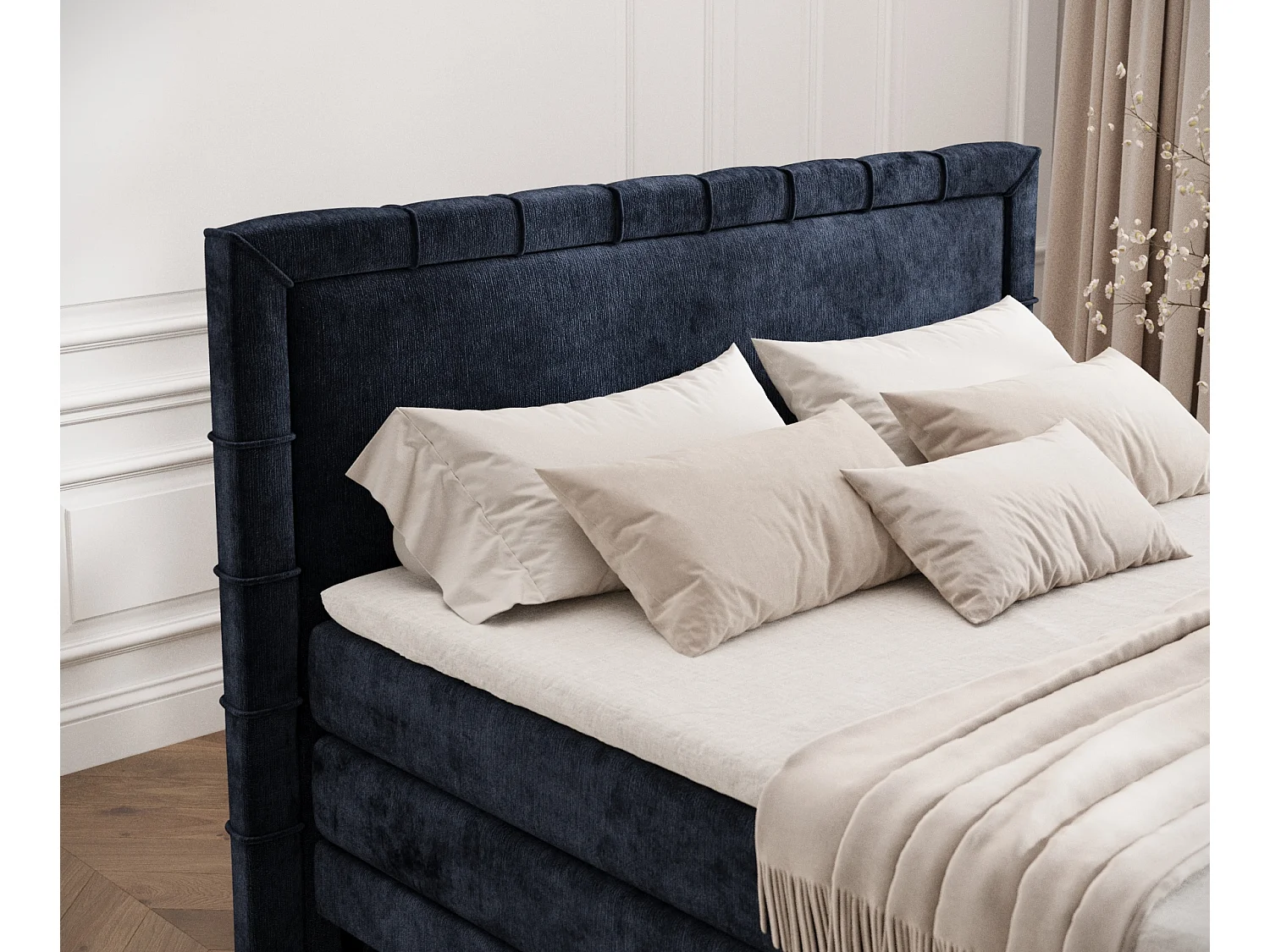 Boxspringbett aus Chenille-Stoff Rimini - Matratze - Toppermatratze - 140x200 cm - marineblau