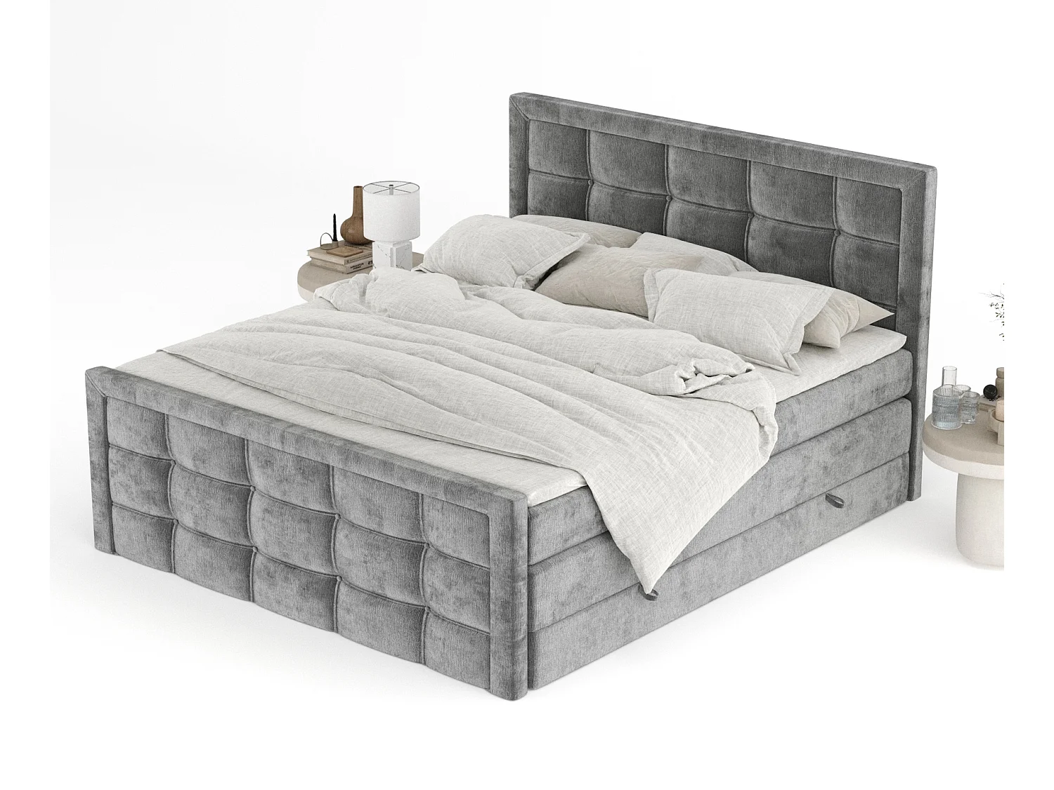 Lit boxspring en tissu chenille Ambrosia - matelas - surmatelas - 140x200 cm - gris