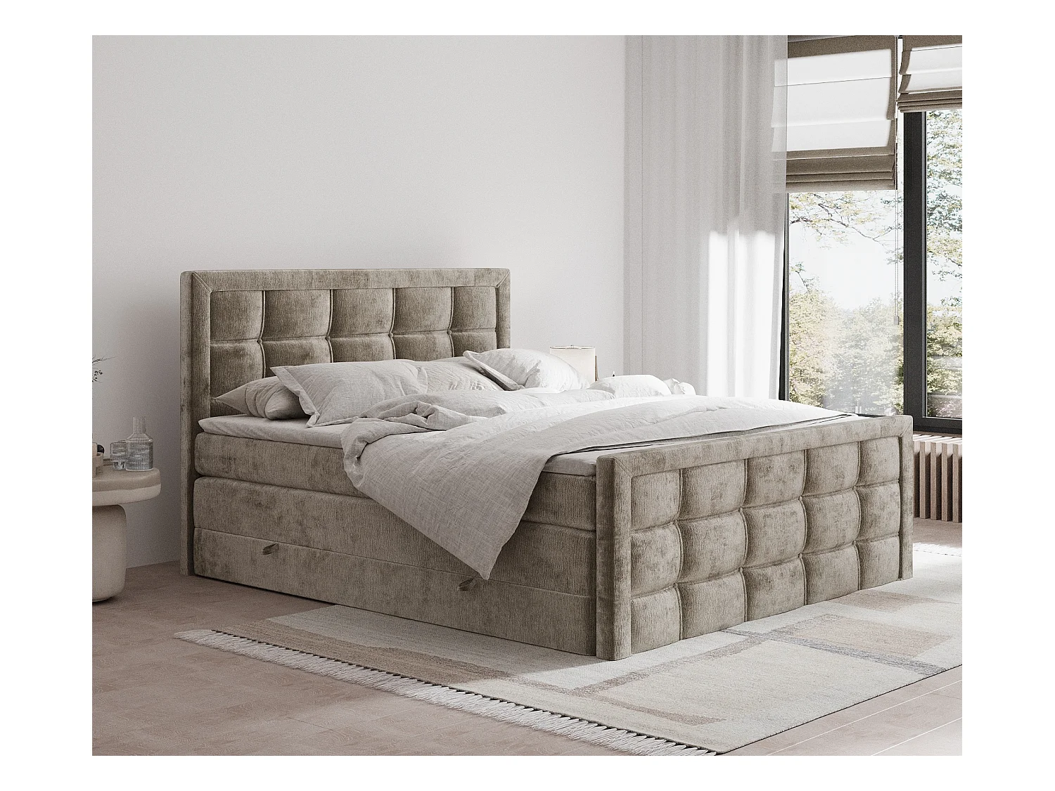 Lit boxspring en tissu chenille Ambrosia - matelas - surmatelas - 200x200 cm - beige