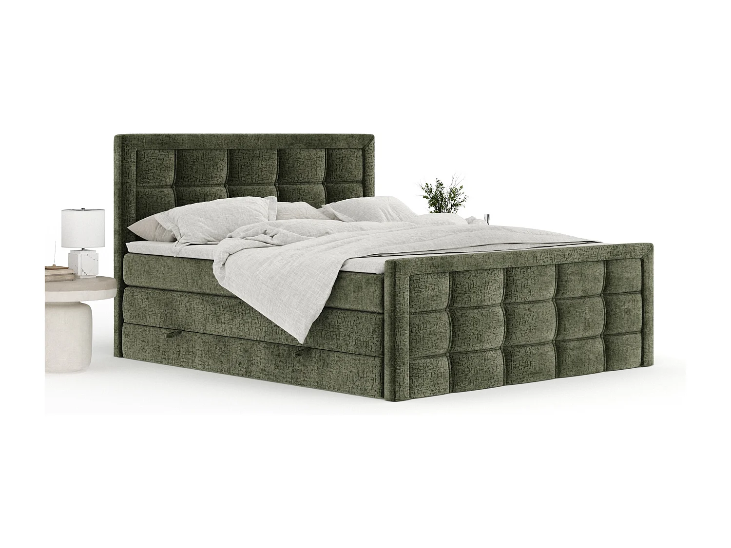 Boxspringbett aus Chenille-Stoff Ambrosia - Matratze - Toppermatratze - 200x200 cm - olivenfarbe