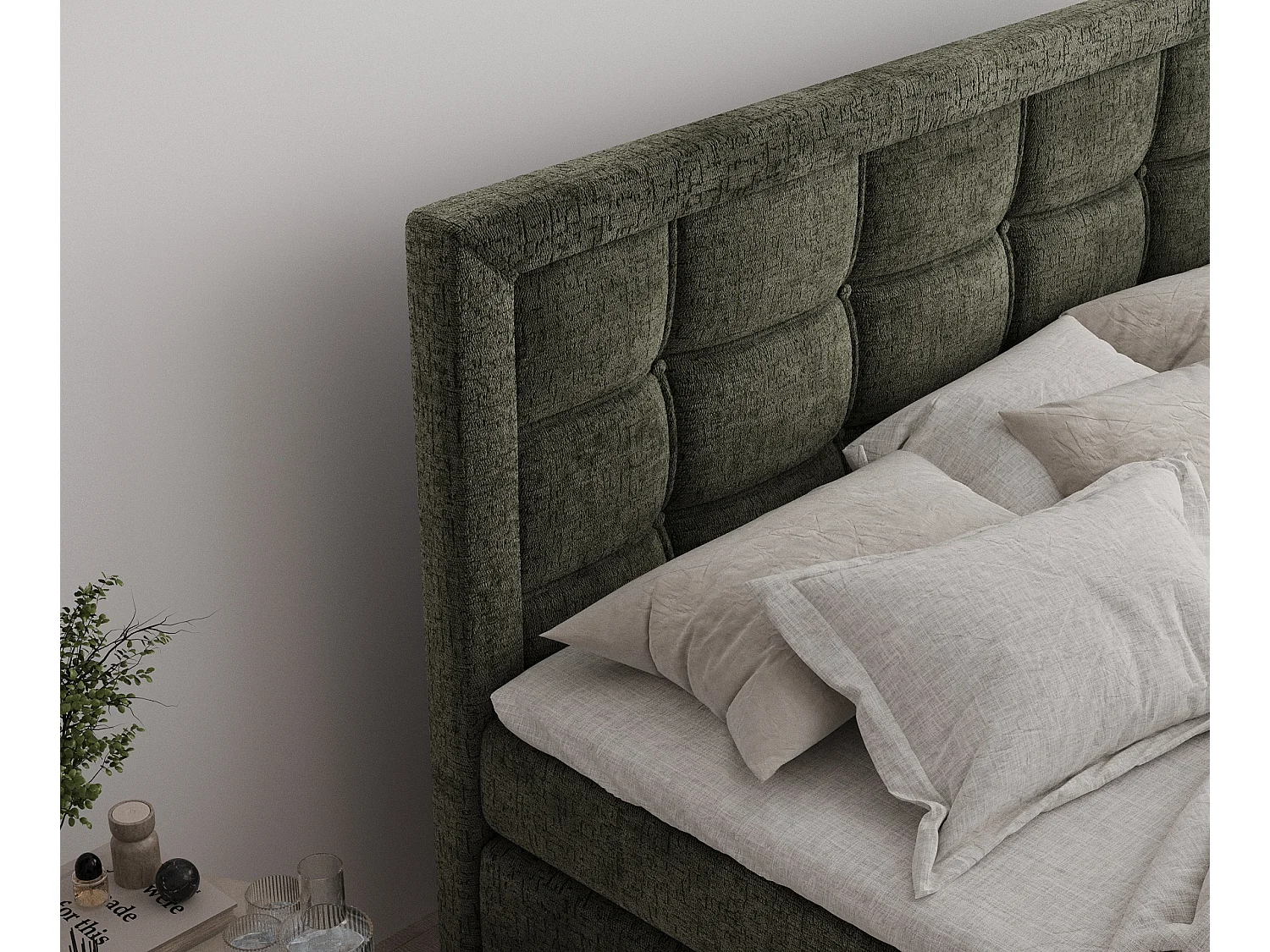 Boxspringbett aus Chenille-Stoff Ambrosia - Matratze - Toppermatratze - 200x200 cm - olivenfarbe