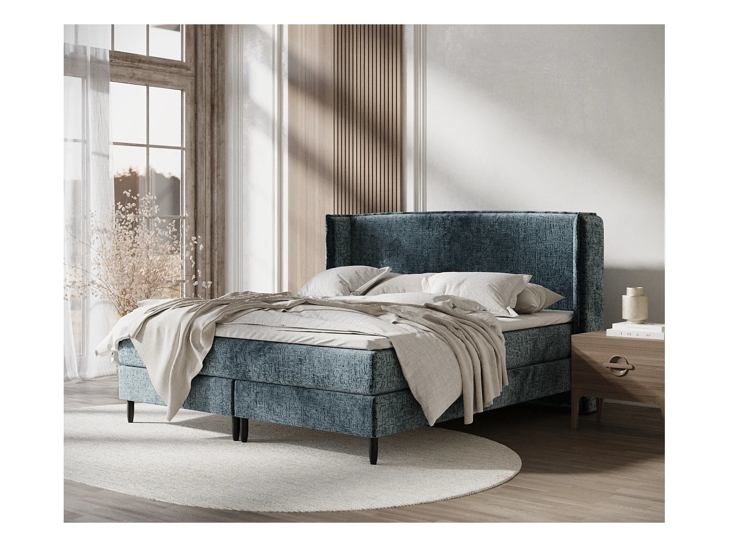 Lit boxspring en tissu chenille Ardis - matelas - surmatelas - 200x200 cm - bleu