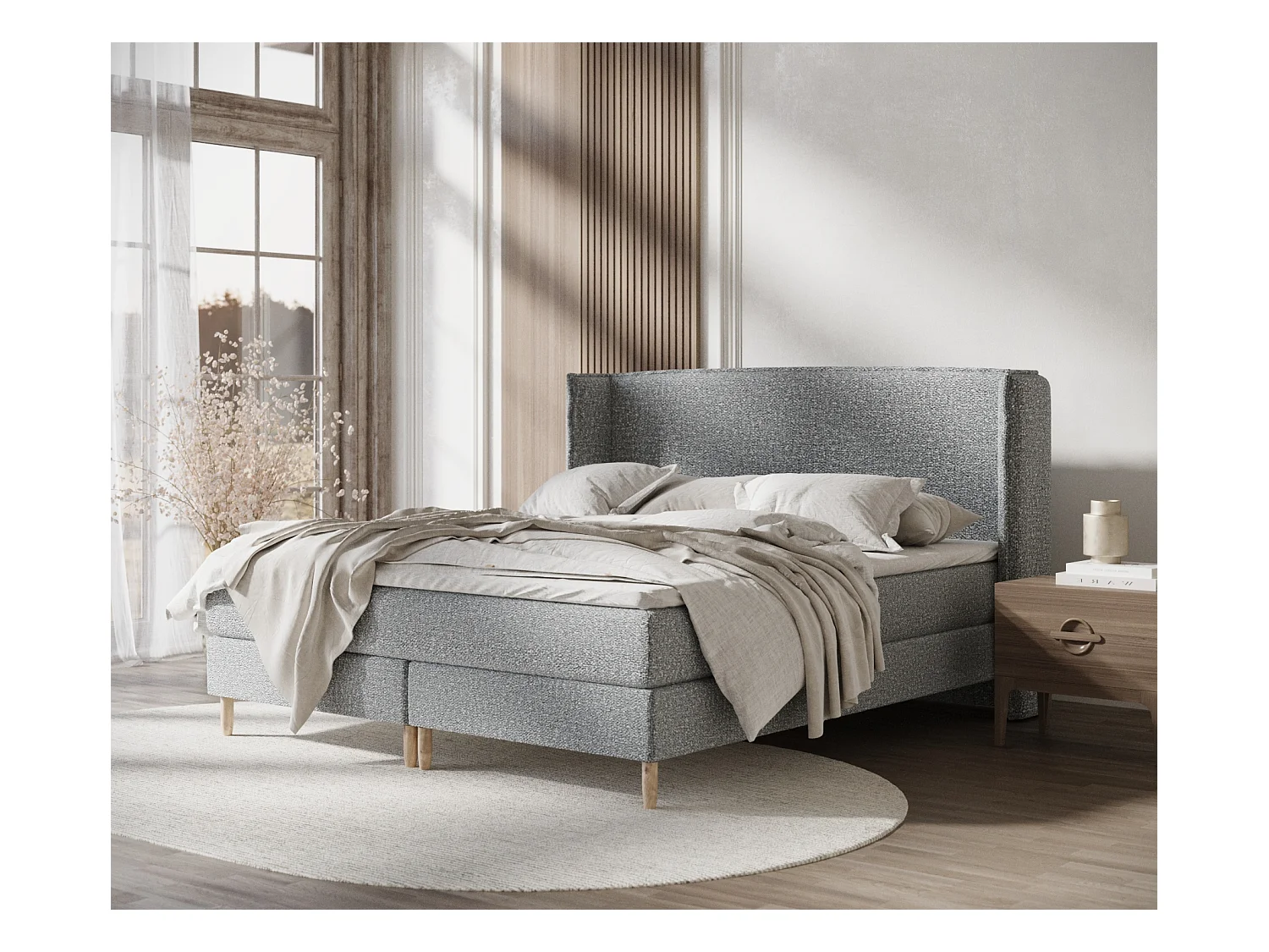 Lit boxspring en tissu bouclette Ardis - matelas - surmatelas - 140x200 cm - gris