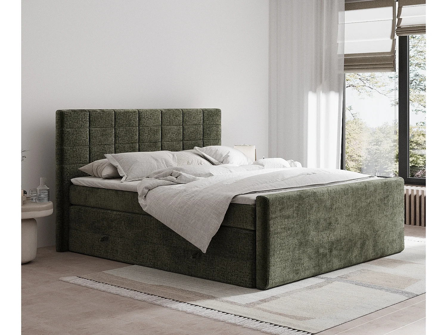 Boxspringbett aus Chenille-Stoff Ava - Matratze - Toppermatratze - 160x200 cm - olivenfarbe