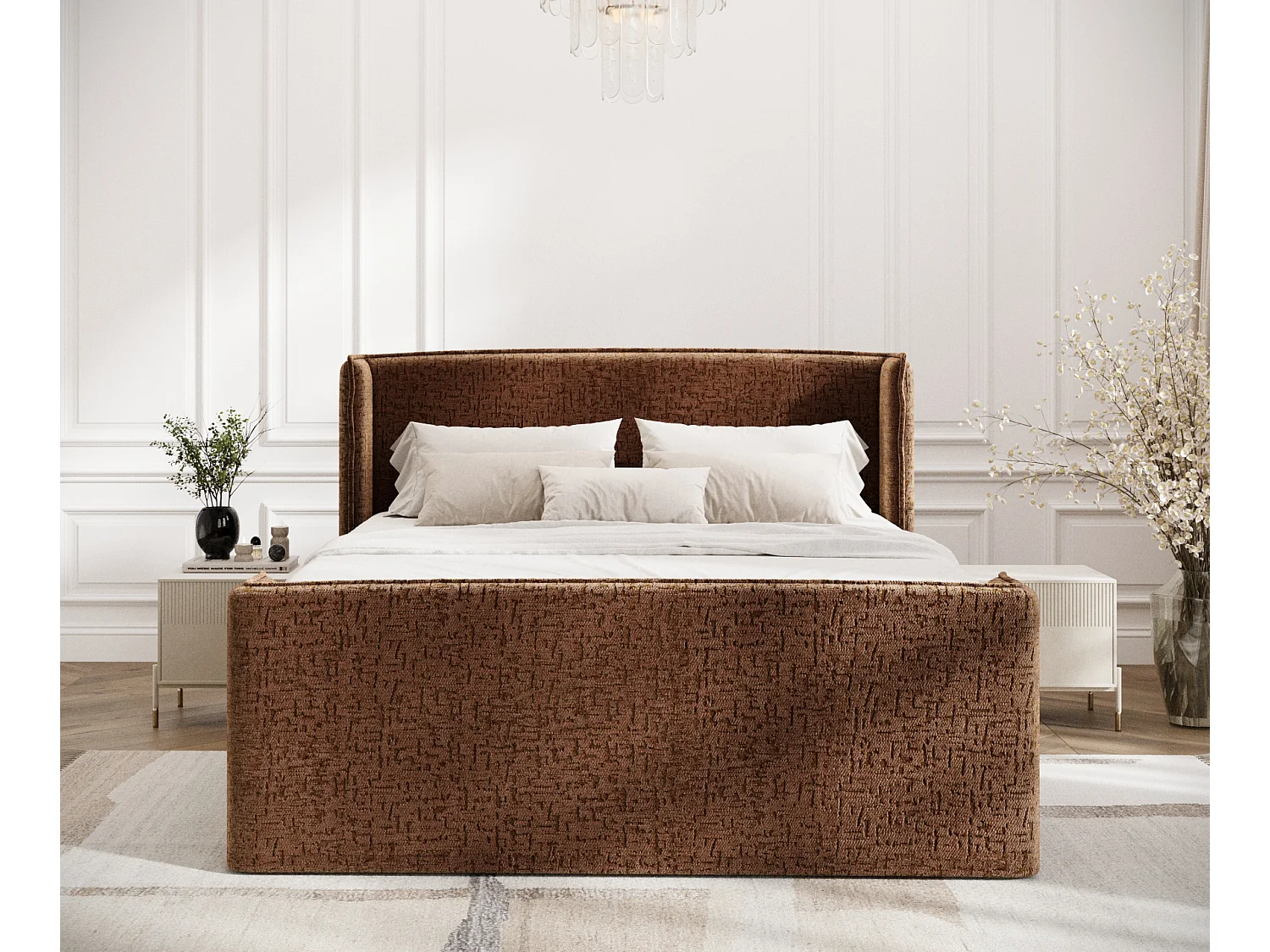 Boxspringbett aus Chenille-Stoff Freeland - Matratze - Toppermatratze - 200x200 cm - kupferfarbe