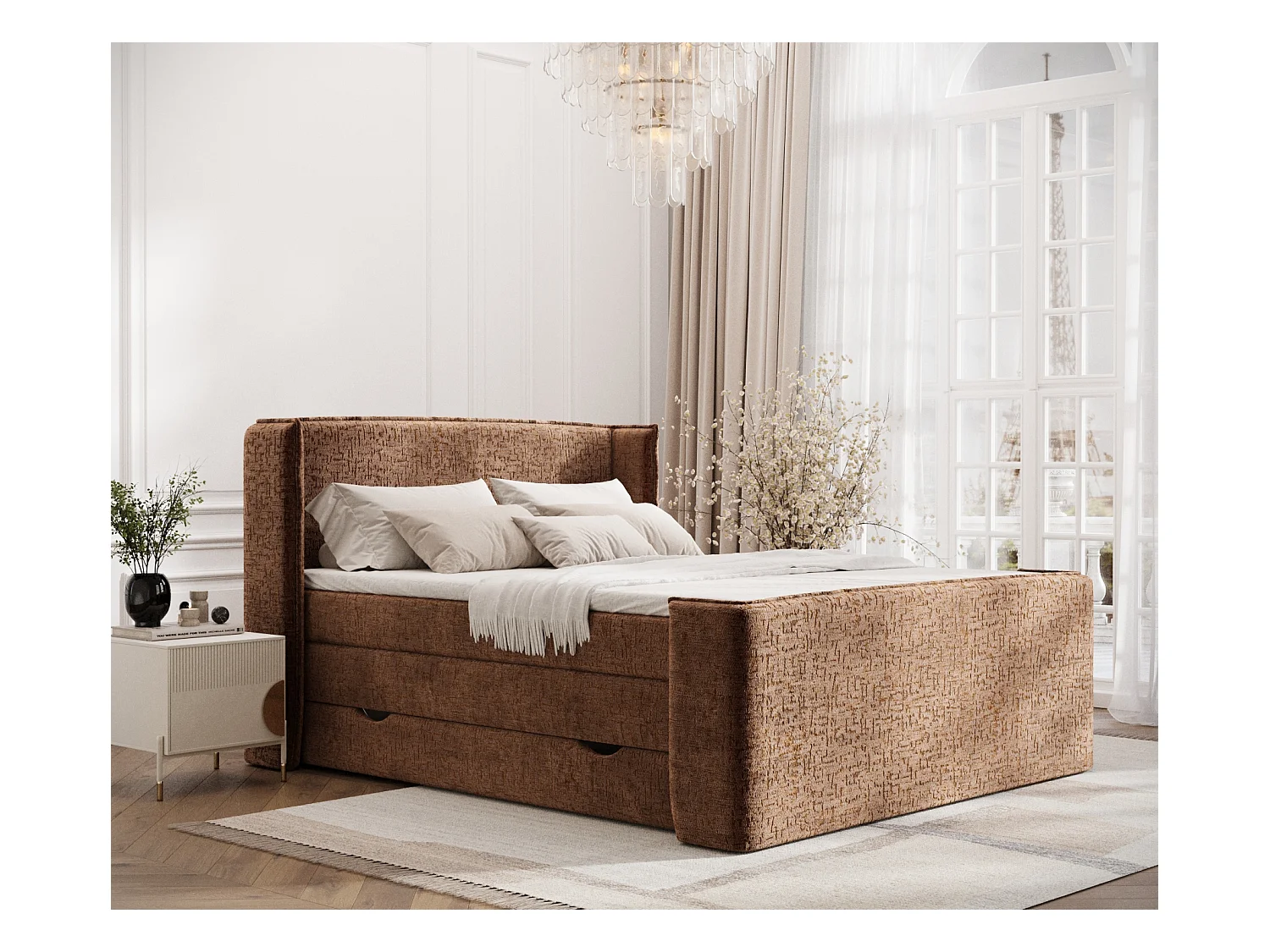 Lit boxspring en tissu chenille Freeland - matelas - surmatelas - 200x200 cm - couleur cuivre