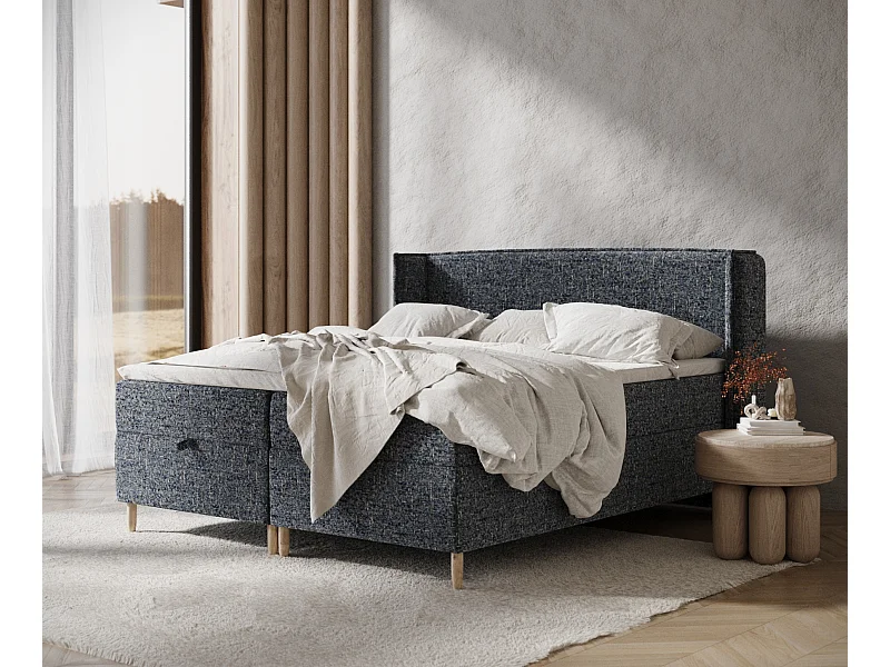 Łóżko boxspring w tkaninie plecionej Monpelli - materac - topper - 140x200 cm - granatowy