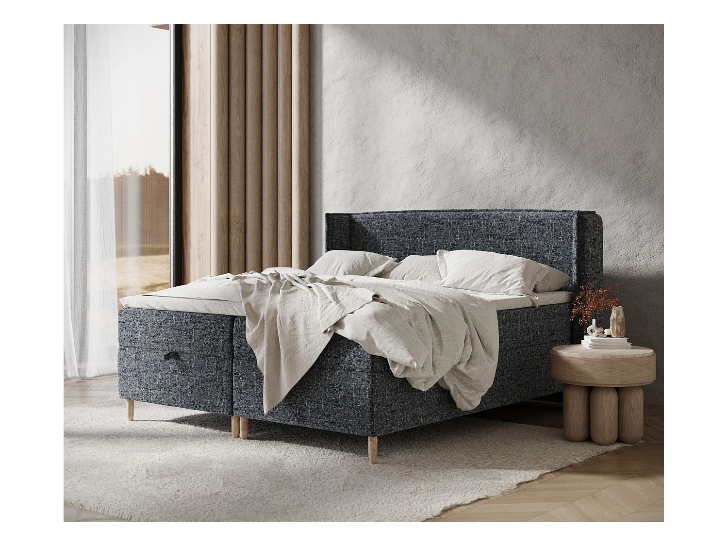 Lit boxspring en toile tissée Monpelli - matelas - surmatelas - 140x200 cm - bleu marine