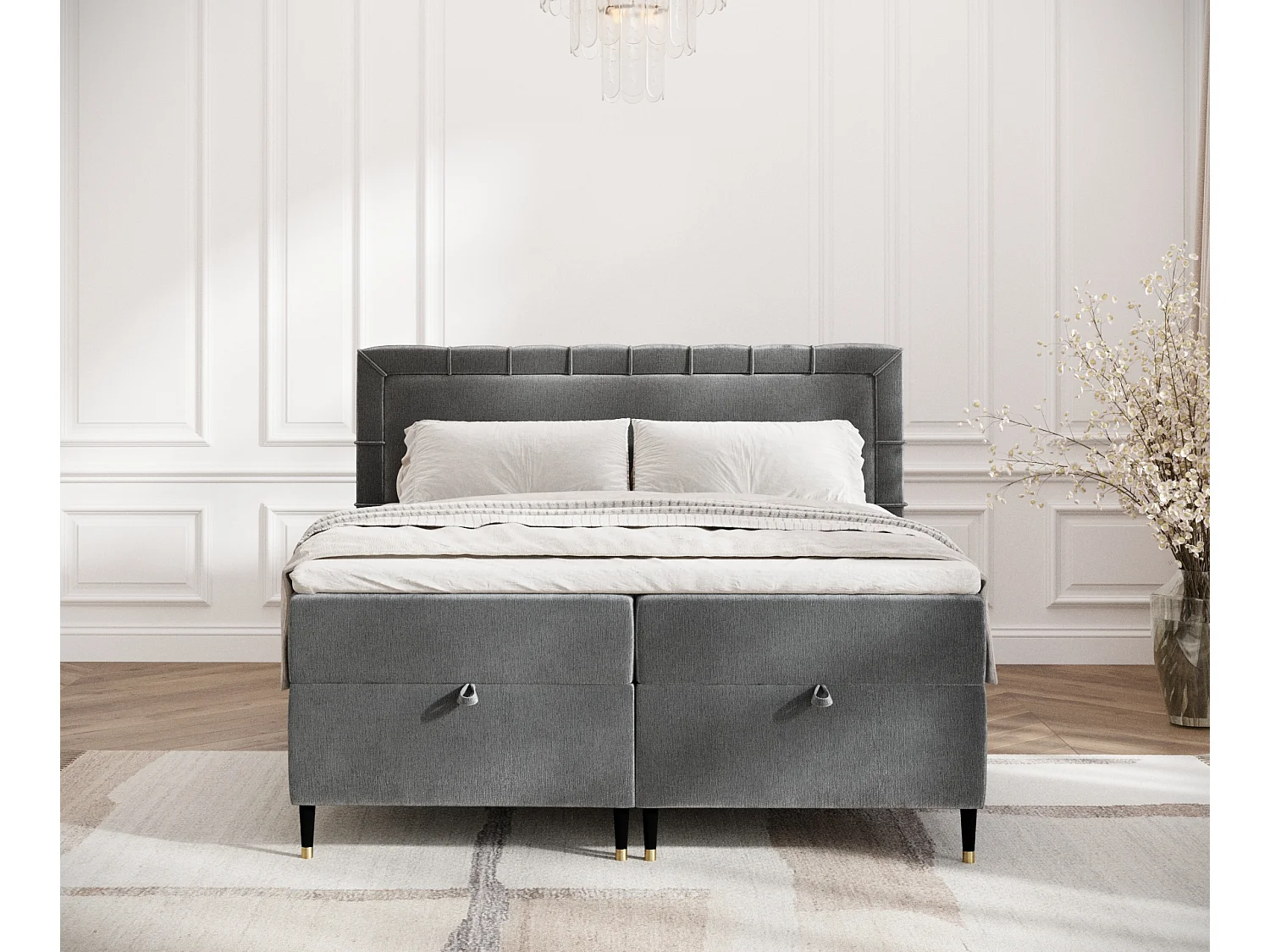 Lit boxspring en tissu chenille Voyage - matelas - surmatelas - 180x200 cm - gris