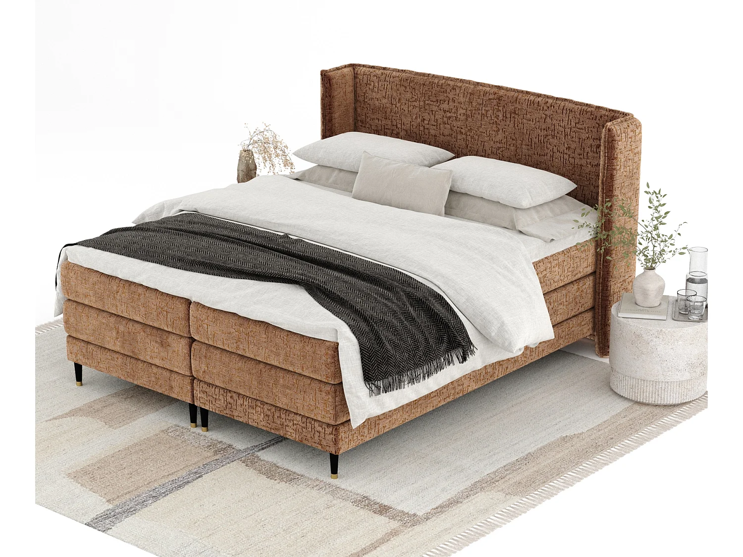 Boxspringbett aus Chenille-Stoff Carizzo - Matratze - Toppermatratze - 200x200 cm - kupferfarbe