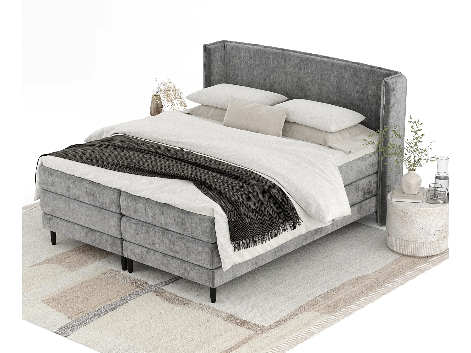 Boxspringbett aus Chenille-Stoff Carizzo - Matratze - Toppermatratze - 180x200 cm - grau