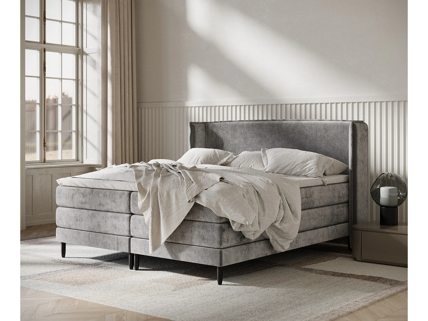 Lit boxspring en tissu chenille Carizzo - matelas - surmatelas - 180x200 cm - gris