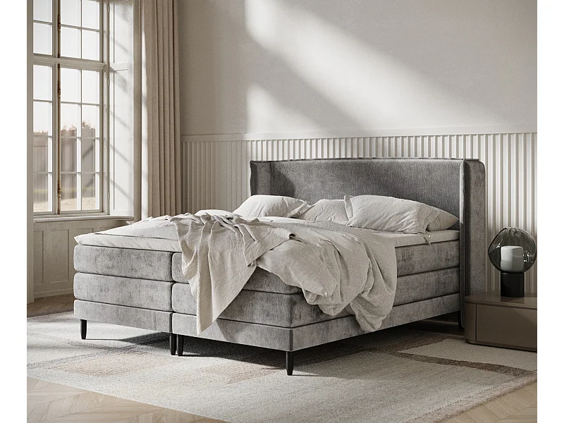 Łóżko boxspring w tkaninie szenilowej Carizzo - materac - topper - 180x200 cm - szary