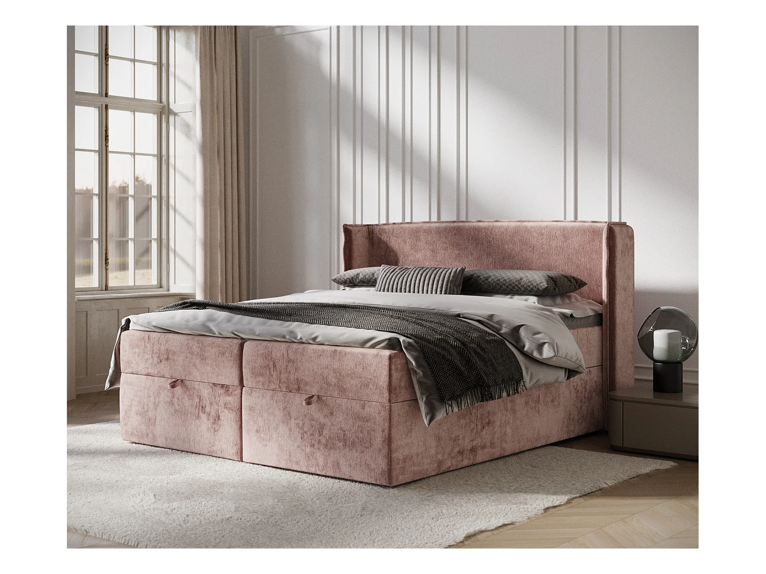 Lit boxspring en tissu chenille Passion - matelas - surmatelas - 160x200 cm - rose