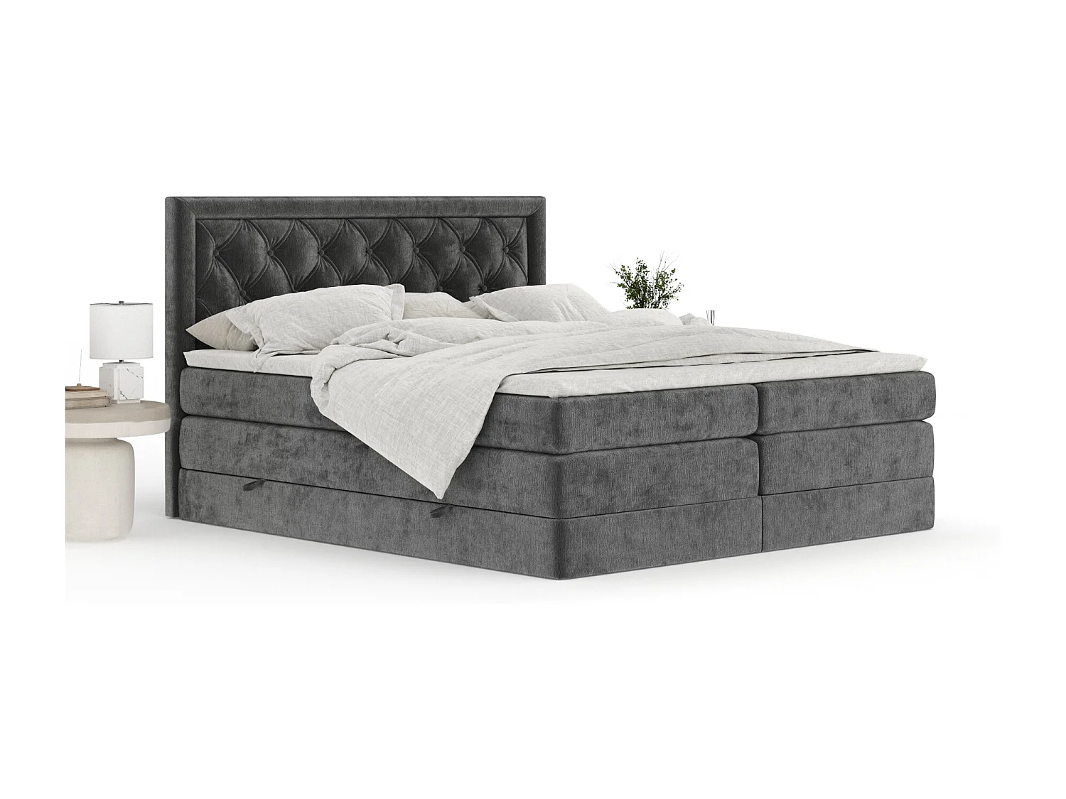 Boxspringbett aus Chenille-Stoff Aurelia - Matratze - Toppermatratze - 140x200 cm - dunkelgrau