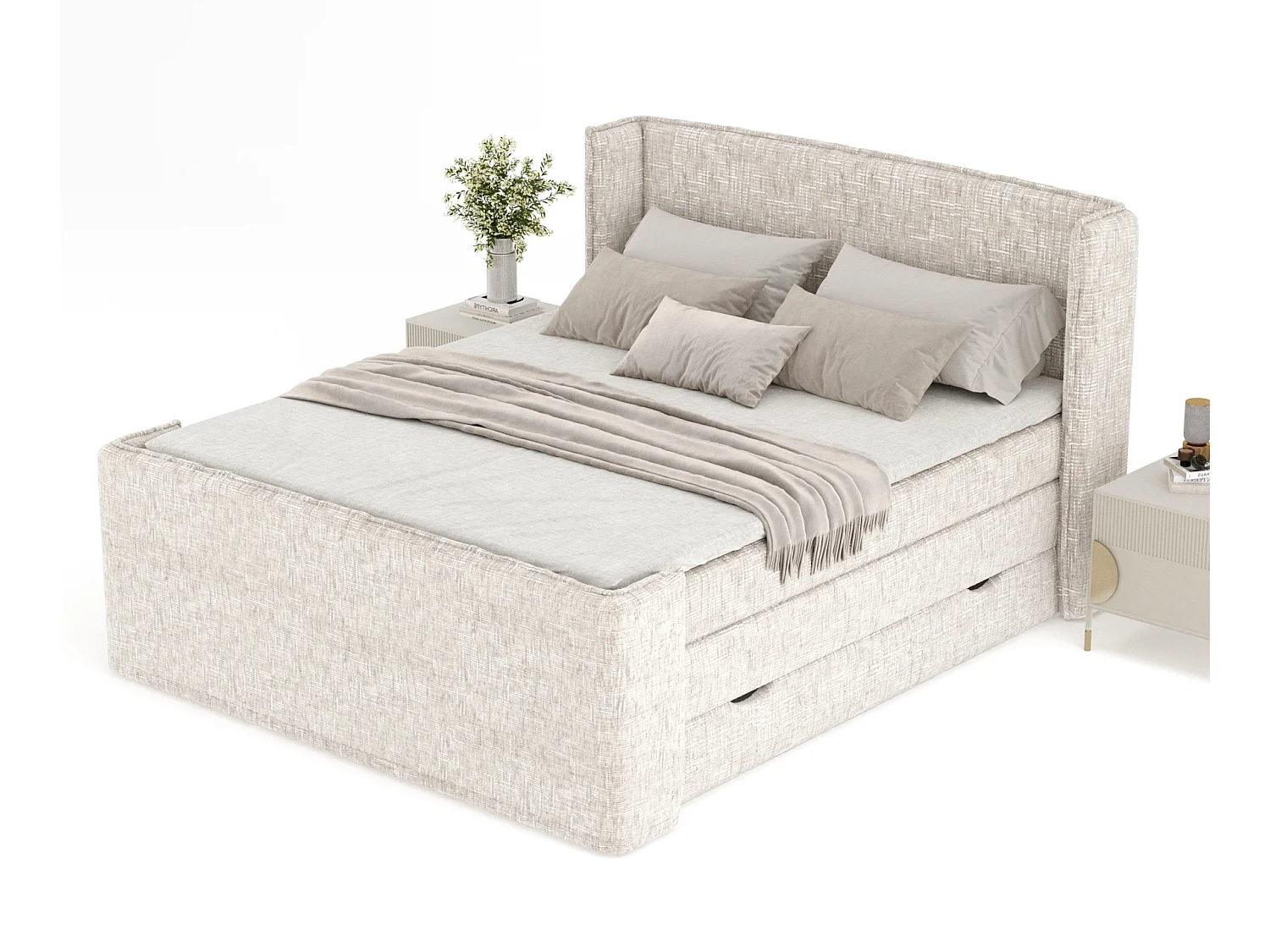 Łóżko boxspring w tkaninie plecionej Freeland - materac - topper - 180x200 cm - kremowy