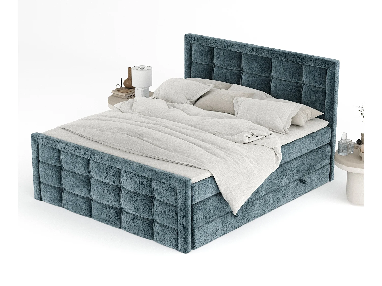 Boxspringbett aus Chenille-Stoff Ambrosia - Matratze - Toppermatratze - 200x200 cm - blau