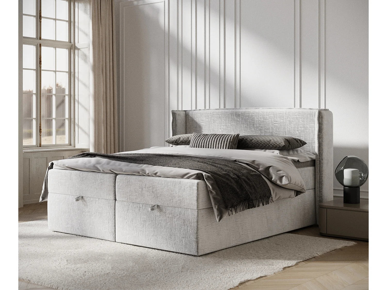 Boxspringbett aus Chenille-Stoff Passion - Matratze - Toppermatratze - 160x200 cm - hellgrau