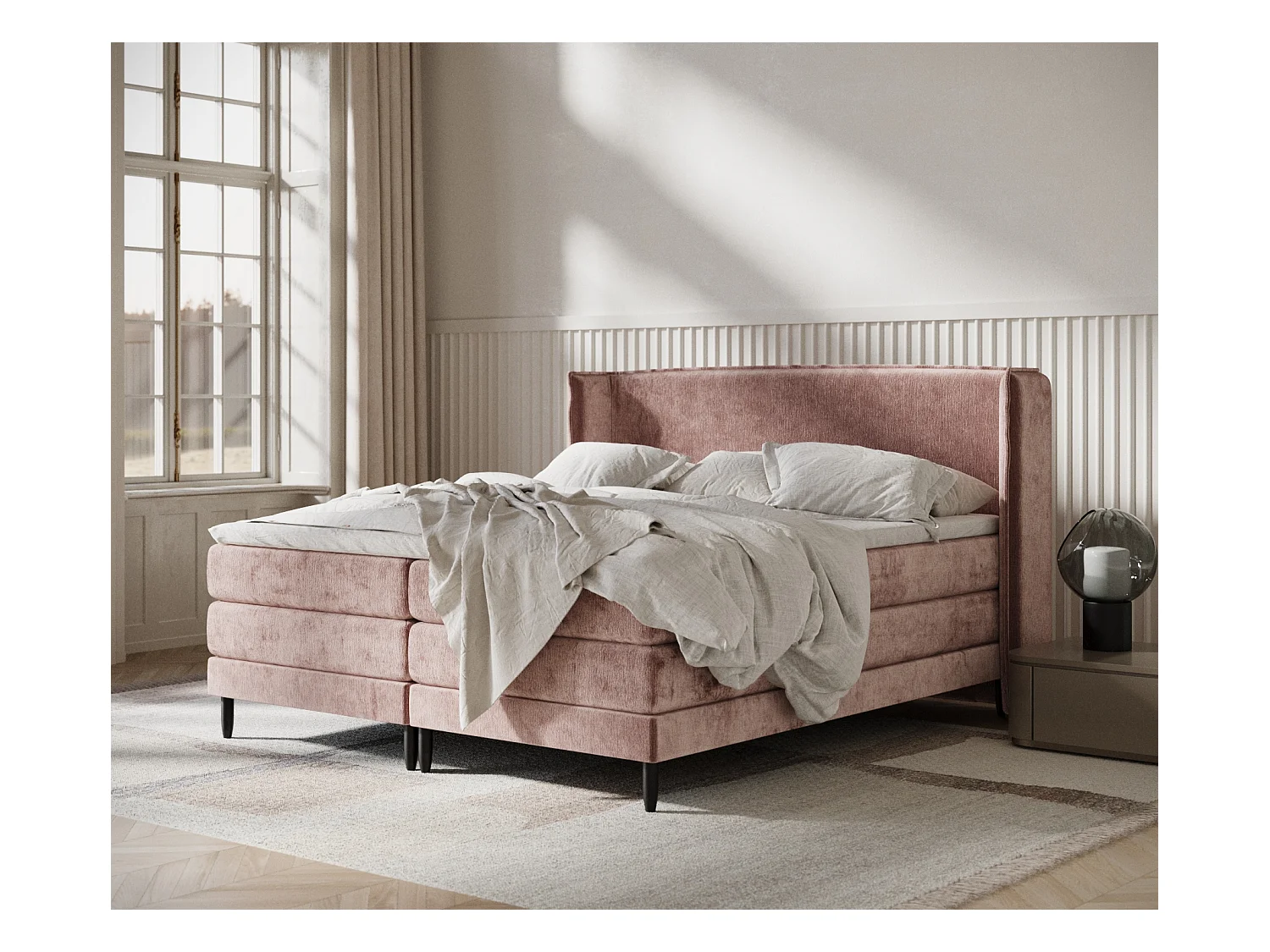 Lit boxspring en tissu chenille Carizzo - matelas - surmatelas - 140x200 cm - rose