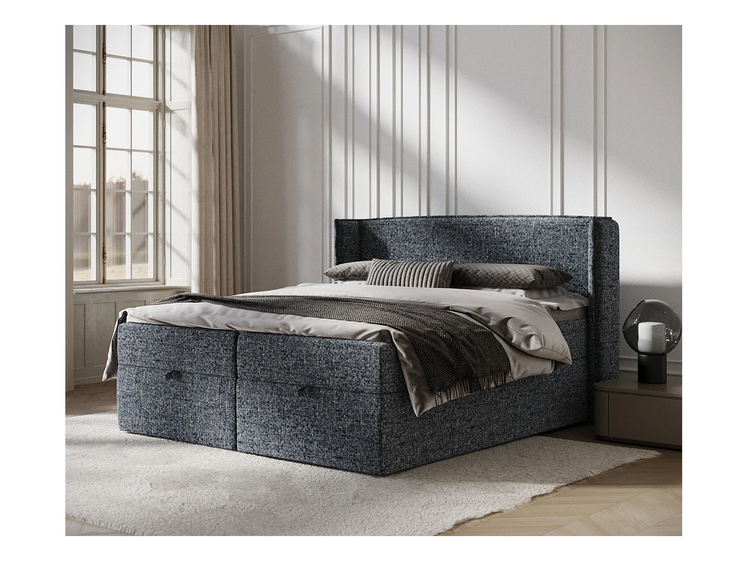 Lit boxspring en toile tissée Passion - matelas - surmatelas - 160x200 cm - bleu marine