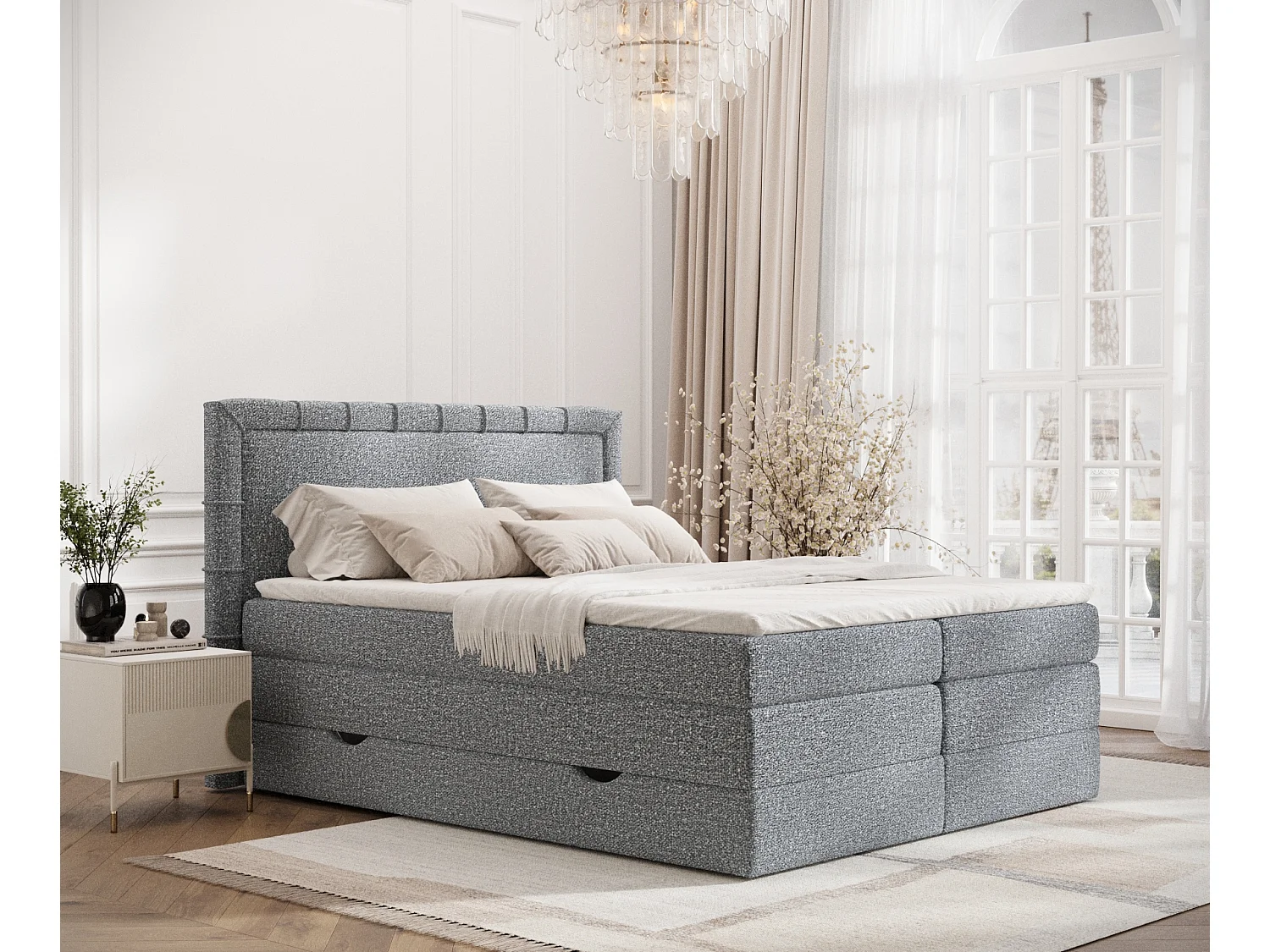 Lit boxspring en tissu bouclette Rosabel - matelas - surmatelas - 180x200 cm - gris
