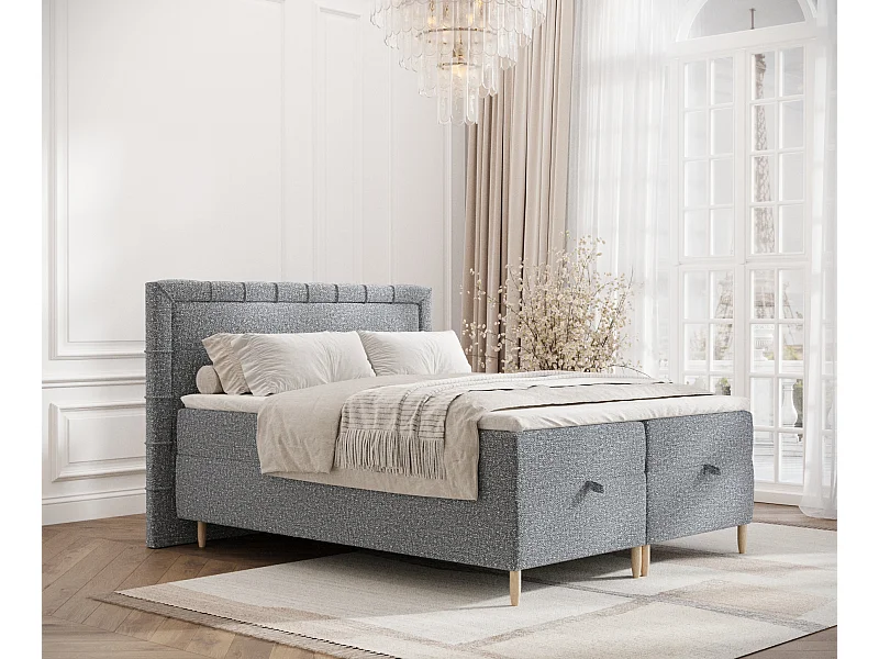 Łóżko boxspring w tkaninie boucle Voyage - materac - topper - 180x200 cm - szary