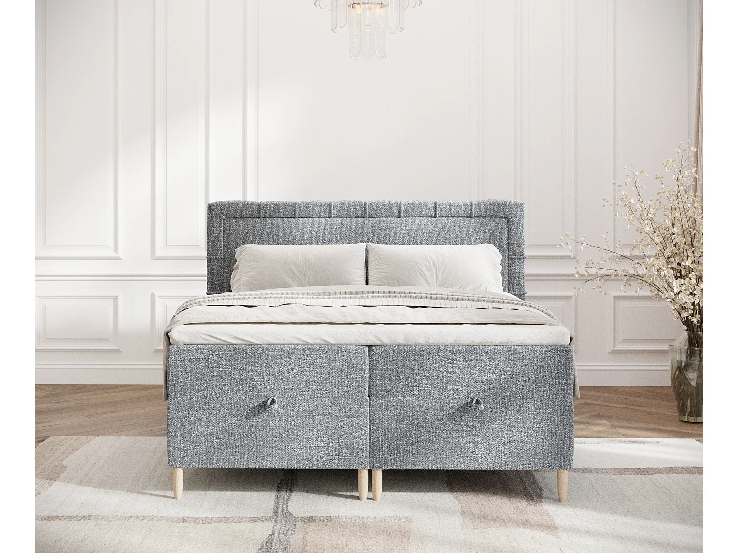 Boxspringbett aus Boucle-Stoff Voyage - Matratze - Toppermatratze - 180x200 cm - grau