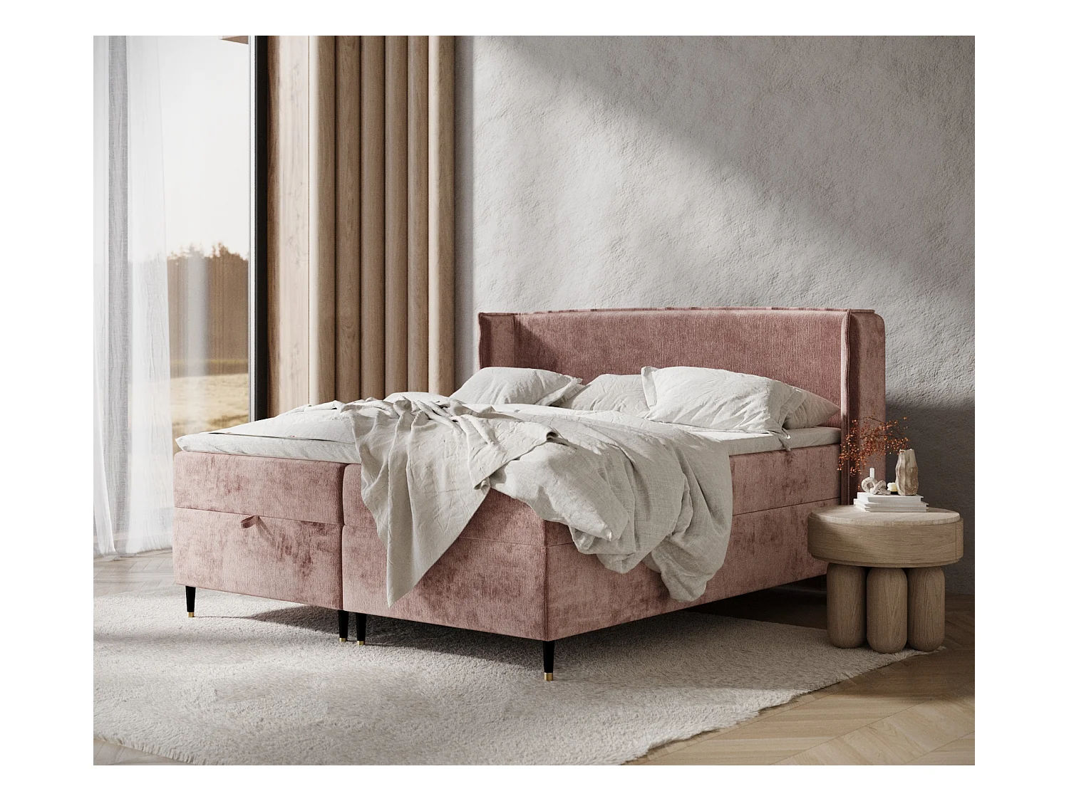 Lit boxspring en tissu chenille Monpelli - matelas - surmatelas - 140x200 cm - rose