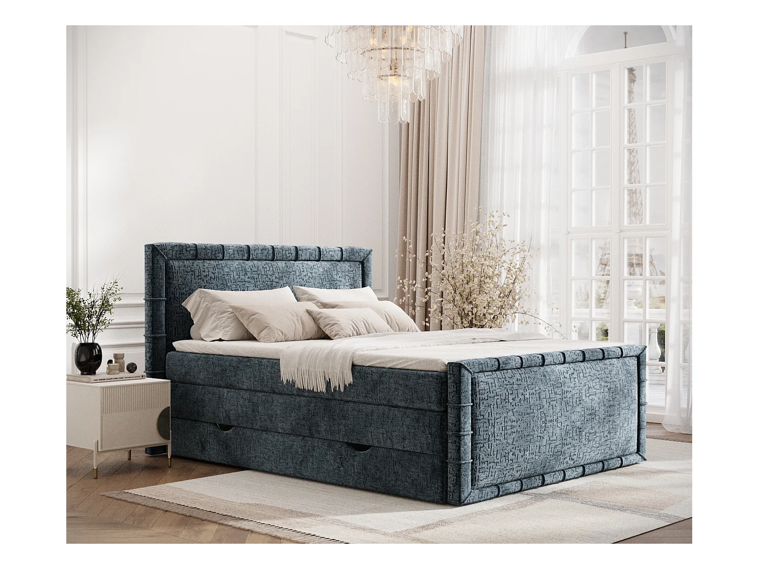 Lit boxspring en tissu chenille Estelle - matelas - surmatelas - 200x200 cm - bleu