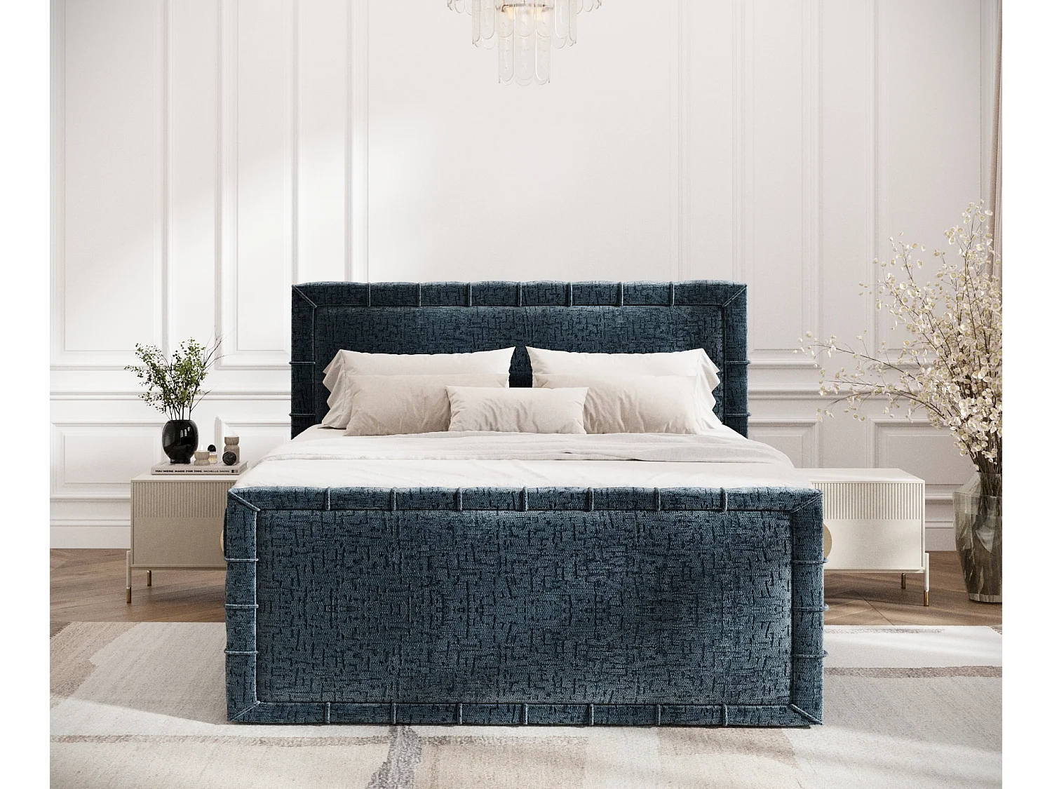 Boxspringbett im Chenille-Stoff Estelle - Matratze - Topper - 200x200 cm - blau
