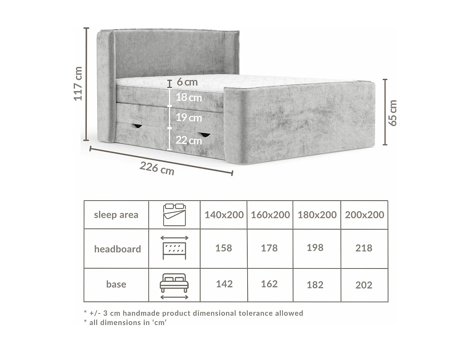Boxspringbett aus Chenille-Stoff Freeland - Matratze - Toppermatratze - 140x200 cm - braun