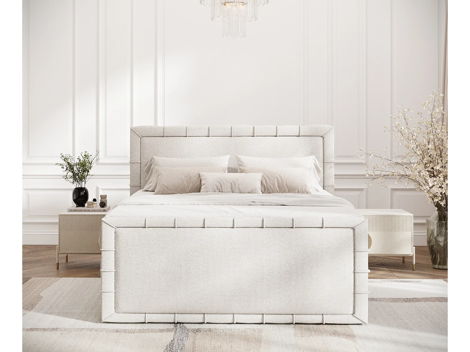 Boxspringbett im Webstoff Estelle - Matratze - Topper - 180x200 cm - beige