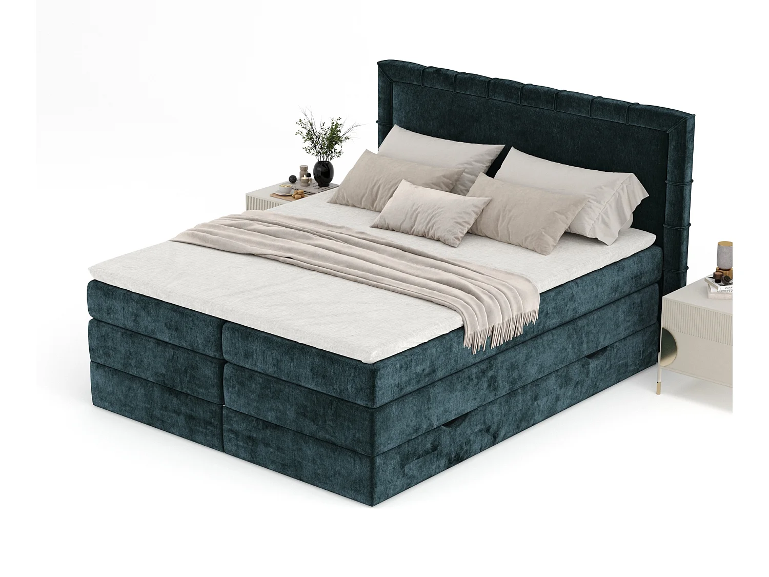 Boxspringbett aus Chenille-Stoff Rosabel - Matratze - Toppermatratze - 160x200 cm - blaugrüne