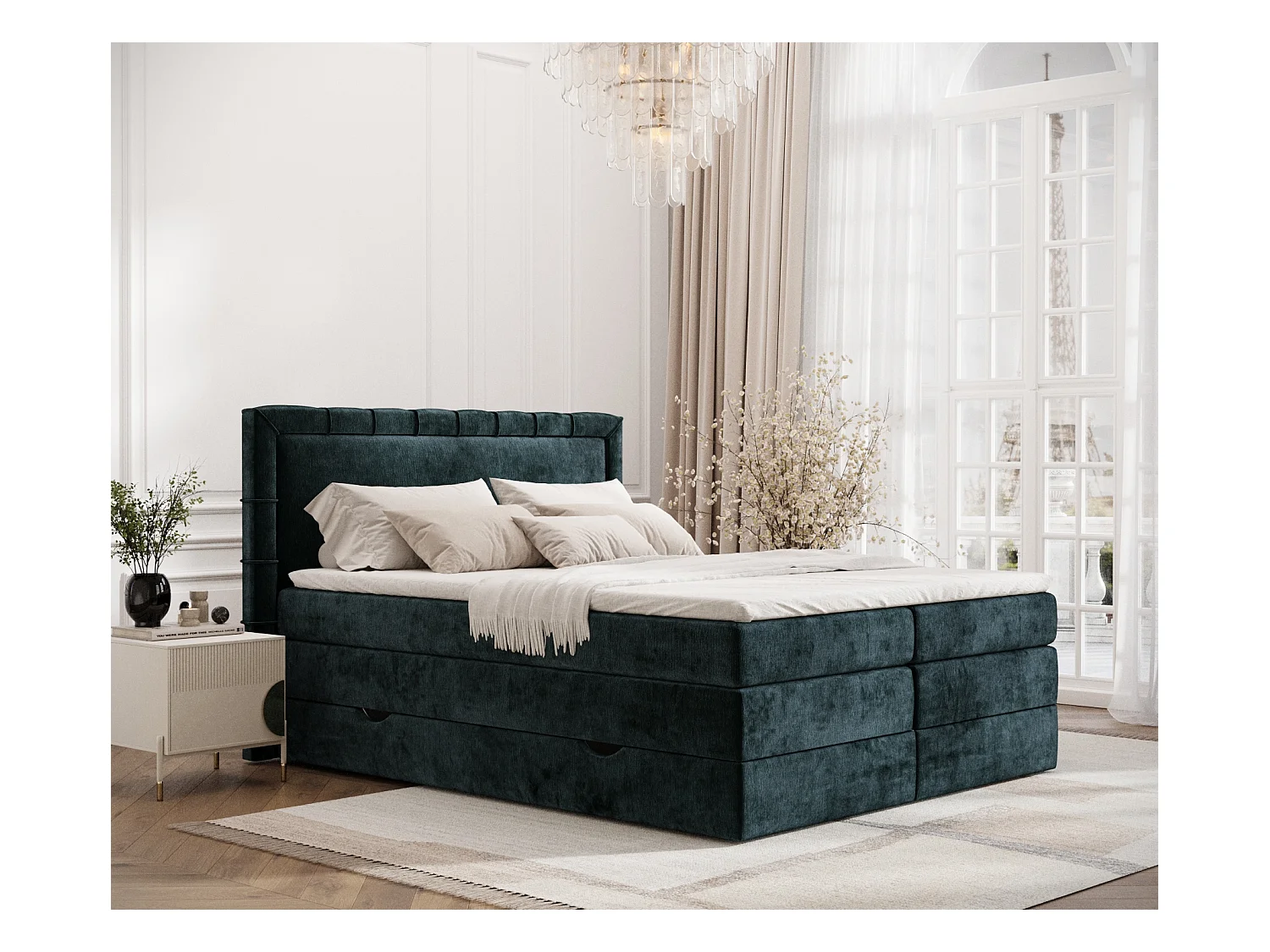Lit boxspring en tissu chenille Rosabel - matelas - surmatelas - 160x200 cm - couleur sarcelle