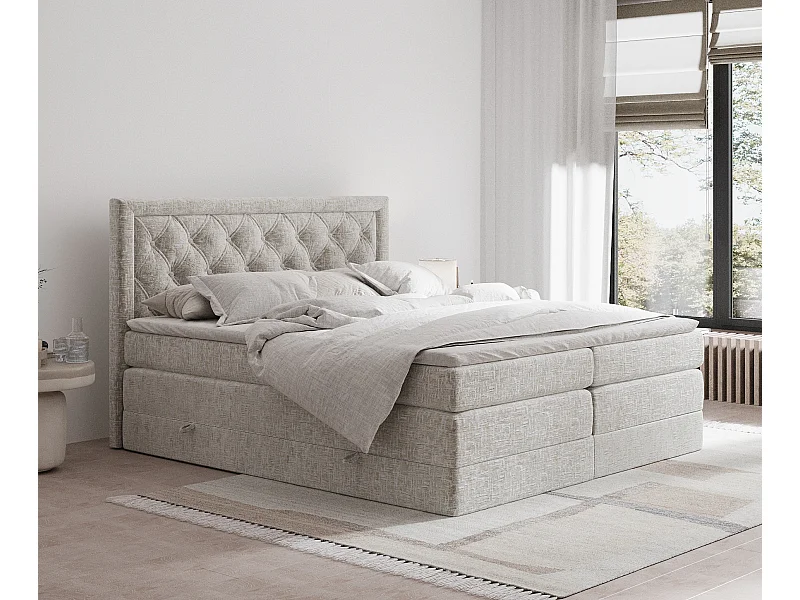 Boxspringbett aus Chenille-Stoff Aurelia - Matratze - Toppermatratze - 200x200 cm - beige