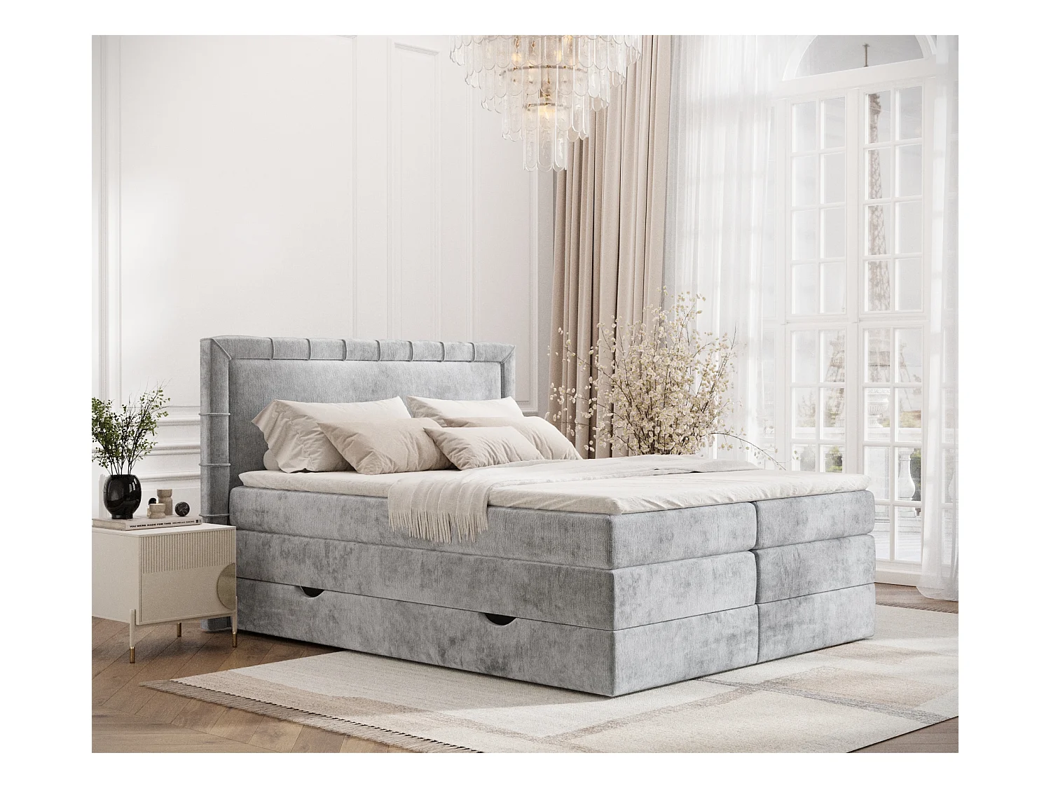 Lit boxspring en tissu chenille Rosabel - matelas - surmatelas - 160x200 cm - gris clair