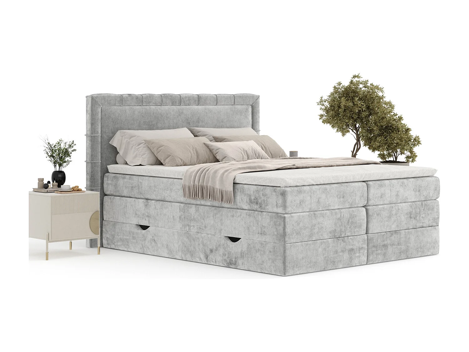 Boxspringbett aus Chenille-Stoff Rosabel - Matratze - Toppermatratze - 160x200 cm - hellgrau