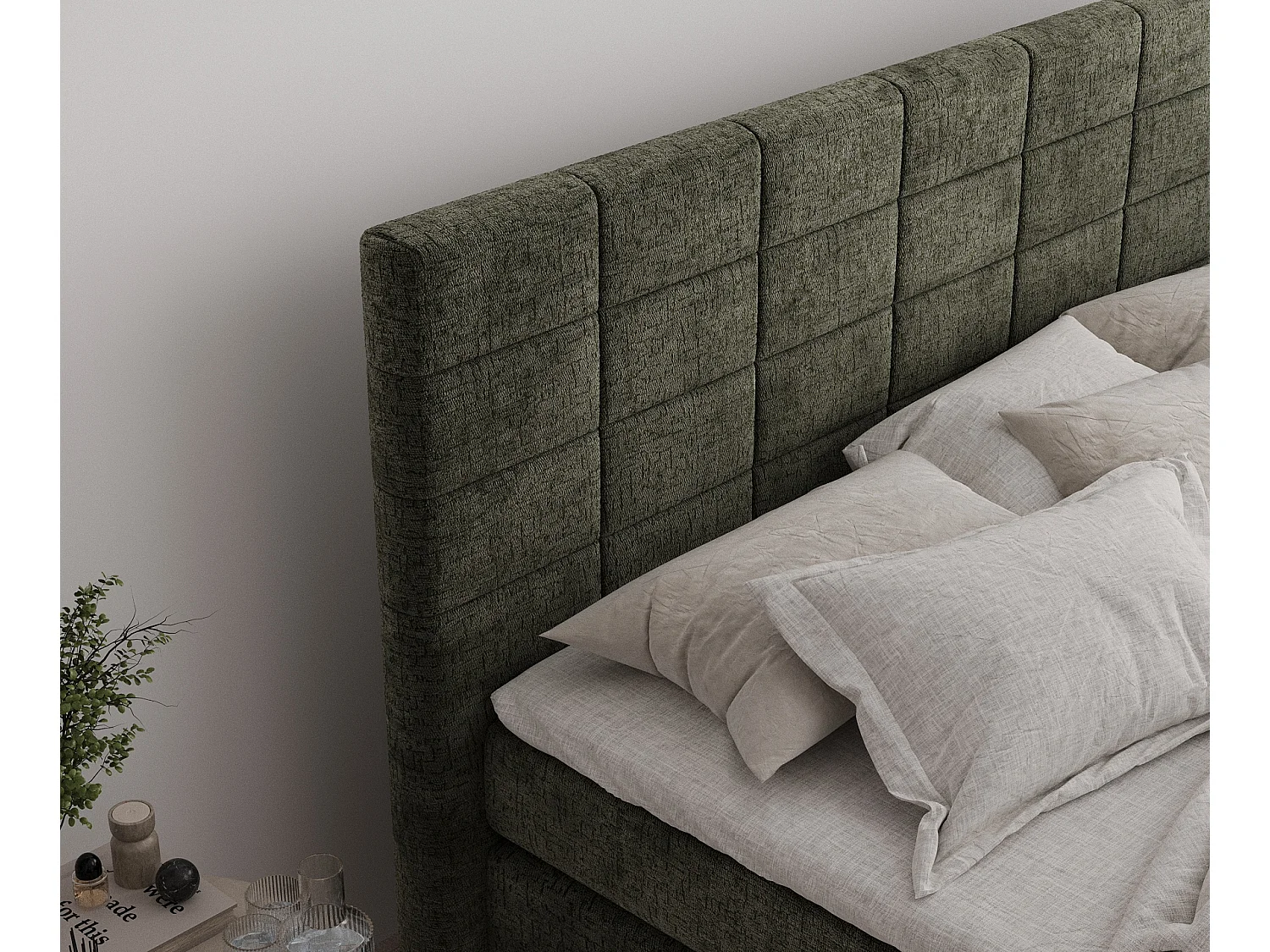 Boxspringbett aus Chenille-Stoff Ava - Matratze - Toppermatratze - 140x200 cm - olivenfarbe