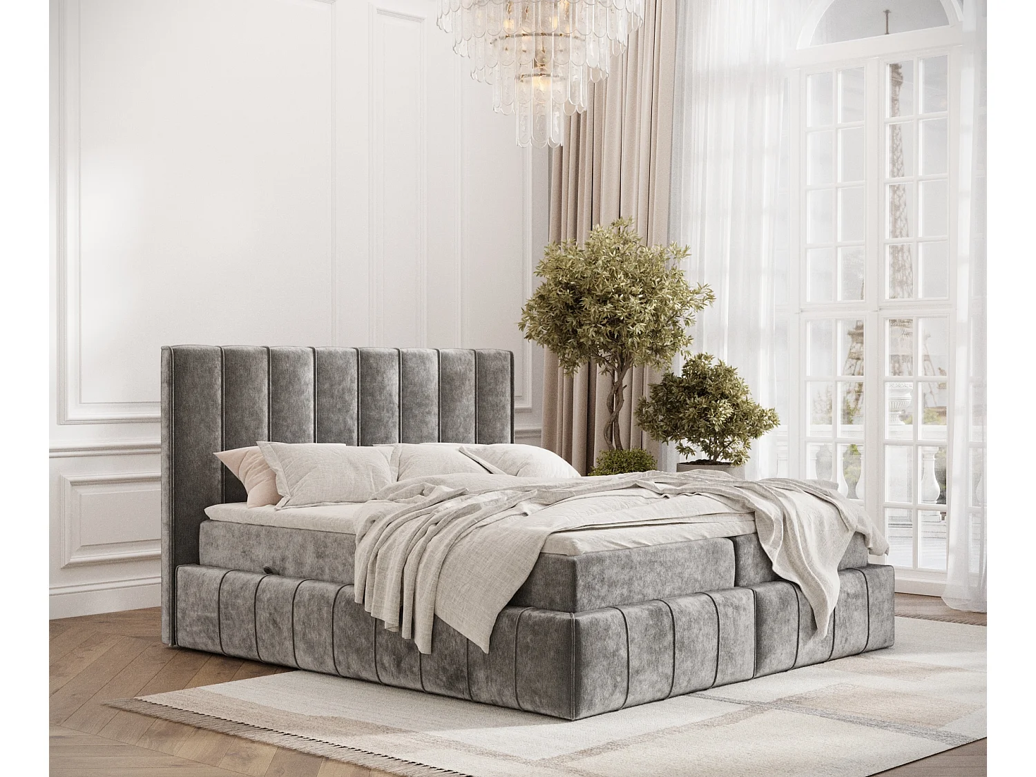 Boxspringbett aus Chenille-Stoff Moretti - Matratze - Toppermatratze - 180x200 cm - grau