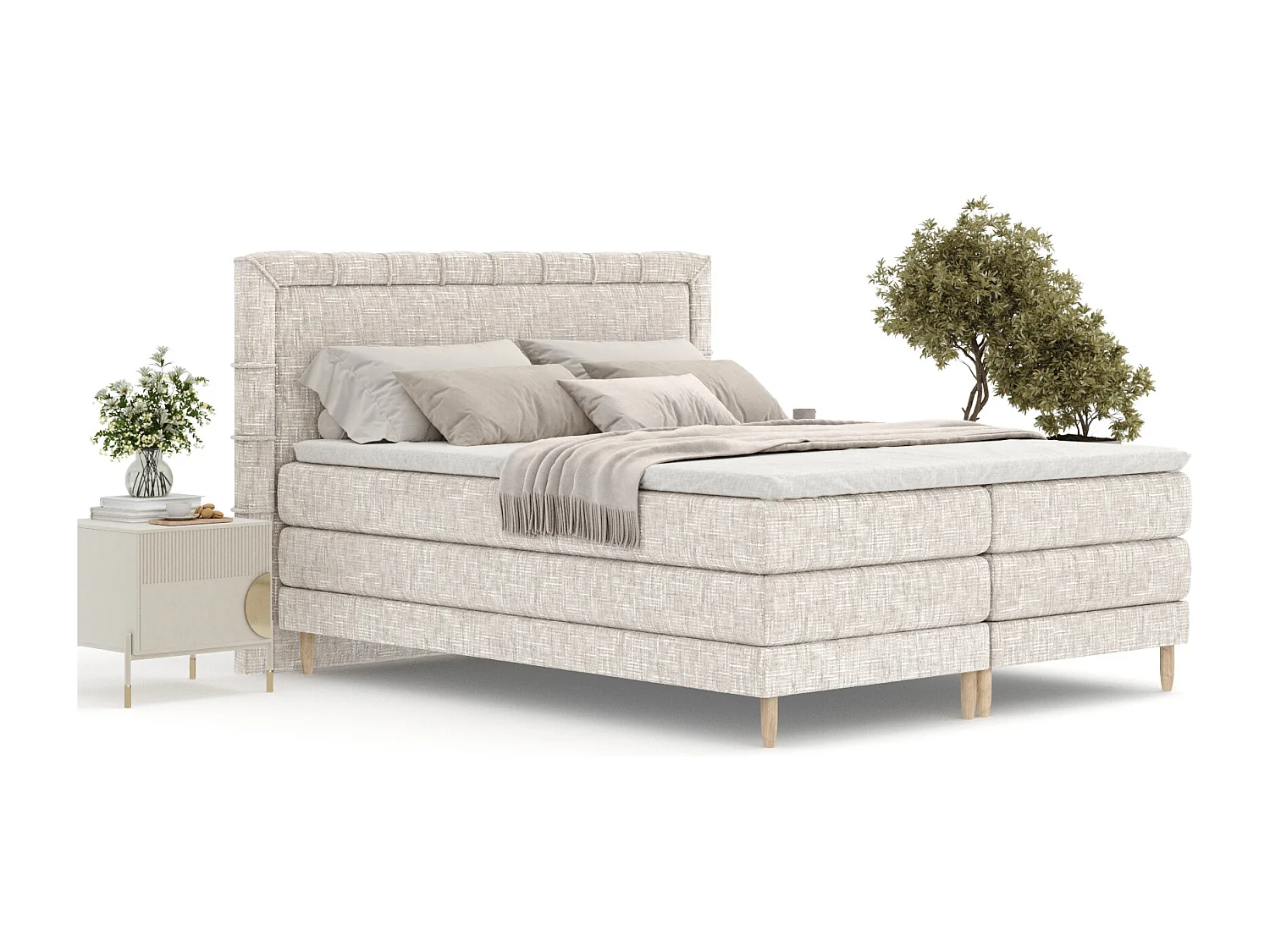 Łóżko boxspring w tkaninie plecionej Rimini - materac - topper - 140x200 cm - kremowy