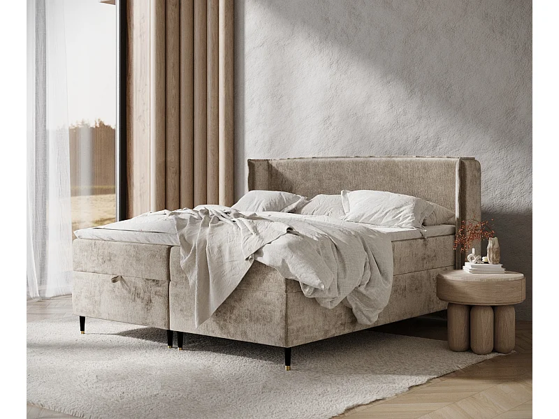 Boxspringbett aus Chenille-Stoff Monpelli - Matratze - Toppermatratze - 180x200 cm - beige