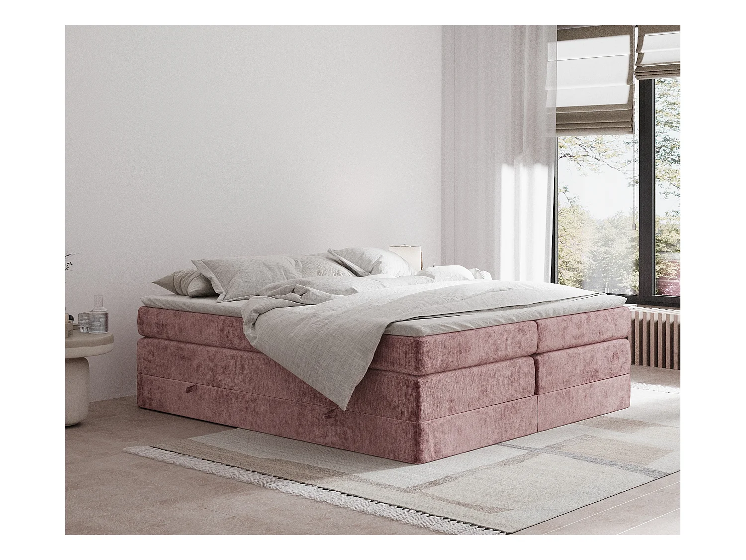 Lit boxspring en tissu chenille Juniper - matelas - surmatelas - 200x200 cm - rose