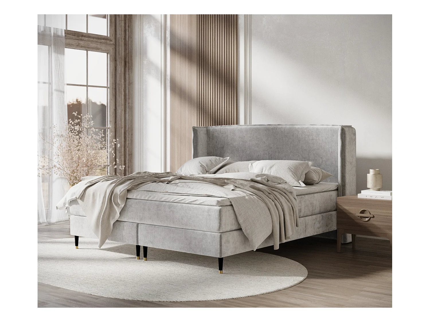 Lit boxspring en tissu chenille Ardis - matelas - surmatelas - 140x200 cm - gris clair
